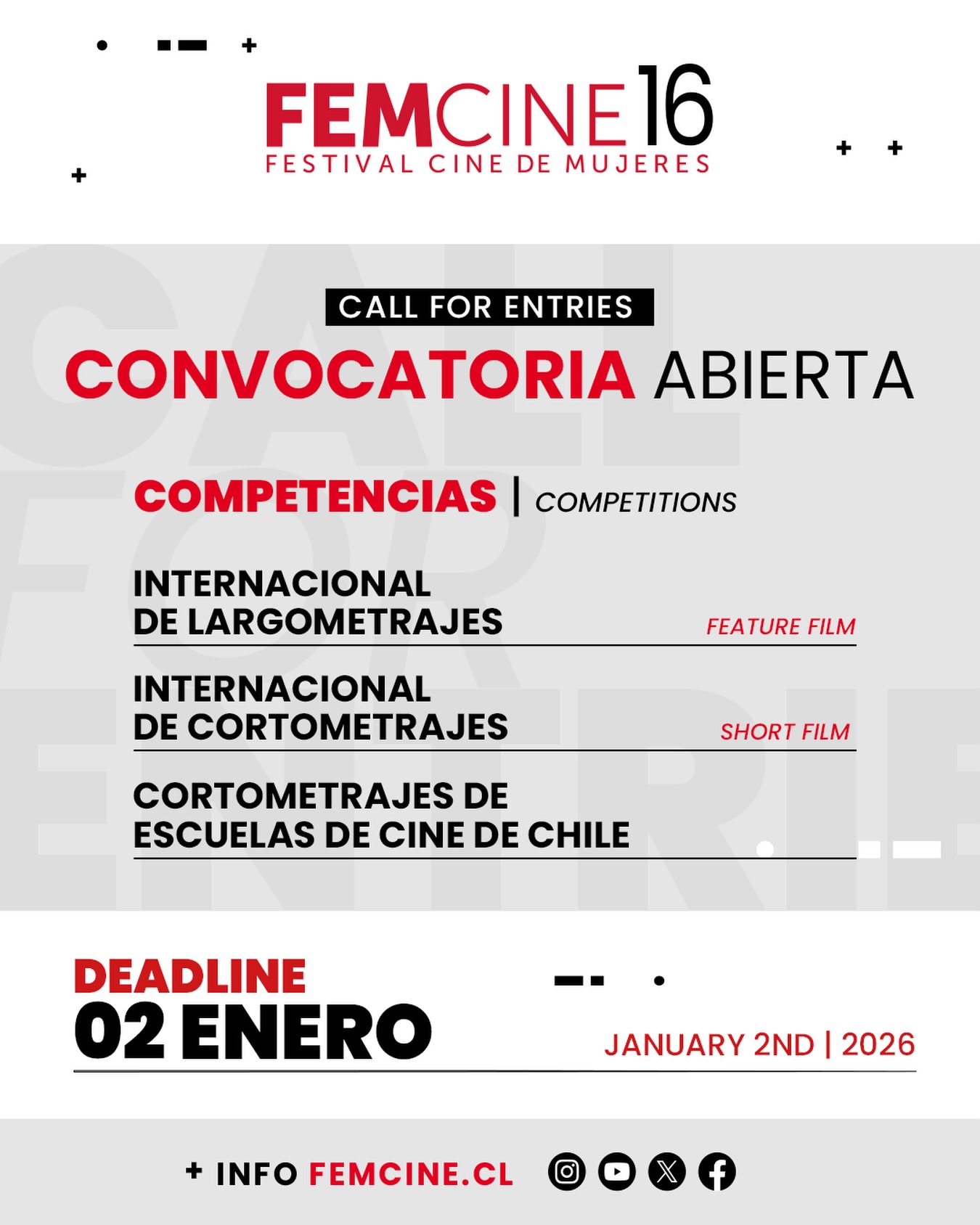 🎬✨ ¡Se abrió la convocatoria!
¿Tienes una peli o corto que quieres mostrar al mundo? Este es tu momento 👀🔥

Puedes postular en:
🎥 Largometraje Internacional
🎥 Cortometraje Internacional
🎥 Cortometrajes de Escuelas de Cine de Chile

📅 Hasta el 2 de enero de 2026
📌 Bases + links para inscribirte en el link de la bio. También puedes inscribirte desde @festhomeplatform 

¡Manda tu proyecto y súmate a la competencia! 🚀🎞️

🎬 Call for entries is now open!
You can now submit your work to compete in our official categories:

✨ International Feature Film
✨ International Short Film

📅 Submissions open until January 2nd, 2026.
📌 Rules and submission links available in the link in bio.
You can submit your film via @festhomeplatform 

We can’t wait to watch your films! 🎥✨
