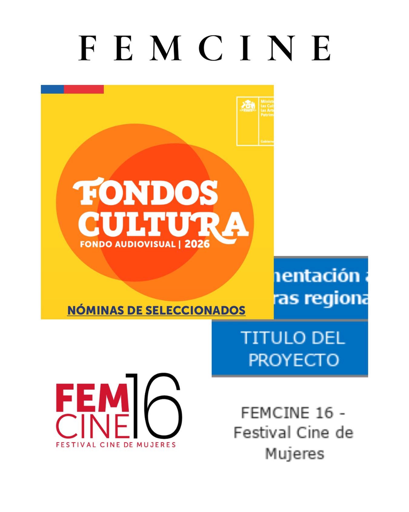 ✨ ¡Seguimos creciendo juntas! ✨

En FEMCINE estamos profundamente agradecidas de contar, una vez más, con el apoyo del Ministerio de las Culturas, las Artes y el Patrimonio, a través de su línea de Difusión, exhibición e implementación audiovisual / Programación de festivales con muestras regionales.

Este respaldo nos emociona especialmente porque reconoce nuestro compromiso con el enfoque de género y una línea curatorial clara, sólidamente fundamentada y coherente con los públicos y territorios que forman parte de FEMCINE.

Gracias por creer en el cine hecho por mujeres y en los espacios que amplifican sus miradas 💜🎬

📅 Nos vemos del 5 al 10 de mayo

#FEMCINE #CineDeMujeres #EnfoqueDeGénero #Cultura #MinisterioDeLasCulturas